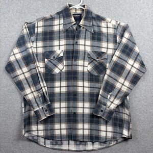 Vintage 80s Flannel Shirt Mens Large Printed Plaid Repaired Sanforized Button Up